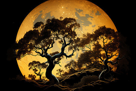 月光下的橡树背景图片