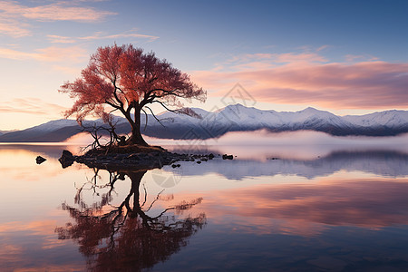 一棵树在寂静的湖面上图片