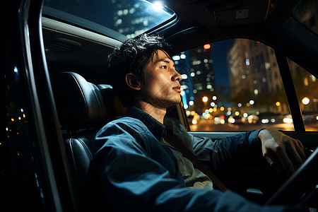 城市夜景下年轻人驾驶着车辆图片