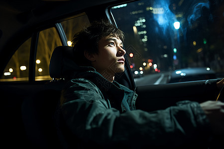 夜晚开车的年轻人图片