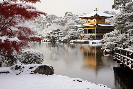 雪地里的金色古风建筑图片