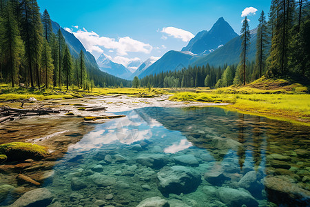 大山里清晰的湖水湖泊图片