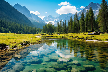 山水青葱云雾缭绕小溪湍湍背景图片