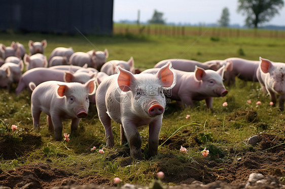 小猪在绿色草地上集体站立图片
