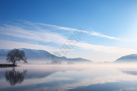 冬日清晨湖水倒映山峰图片