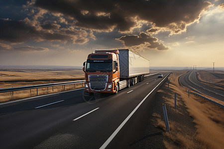 车辆行驶行驶在高速公路上的半挂卡车标题天空之旅背景
