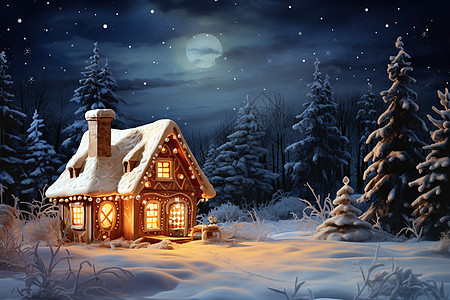 雪中夜景冬日发光的小屋插画