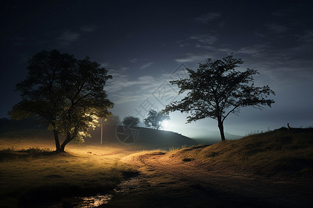 夜晚微光中的大树图片