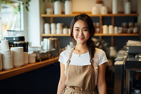 咖啡柜台咖啡店的女店员背景