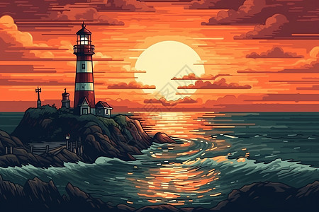 黄昏落日下的海上灯塔图片