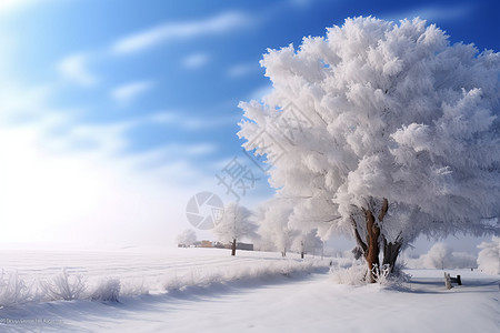蓝天下冰雪覆盖的树图片