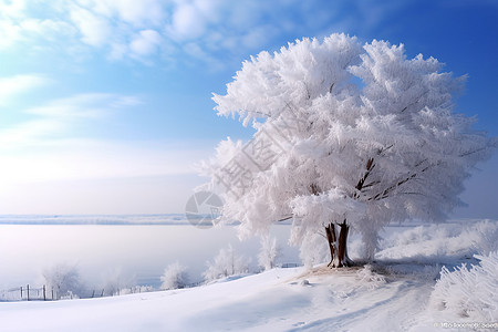 积雪覆盖冰雪覆盖的树在山坡上背景