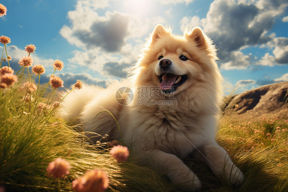 开心的狗在花草丛中图片
