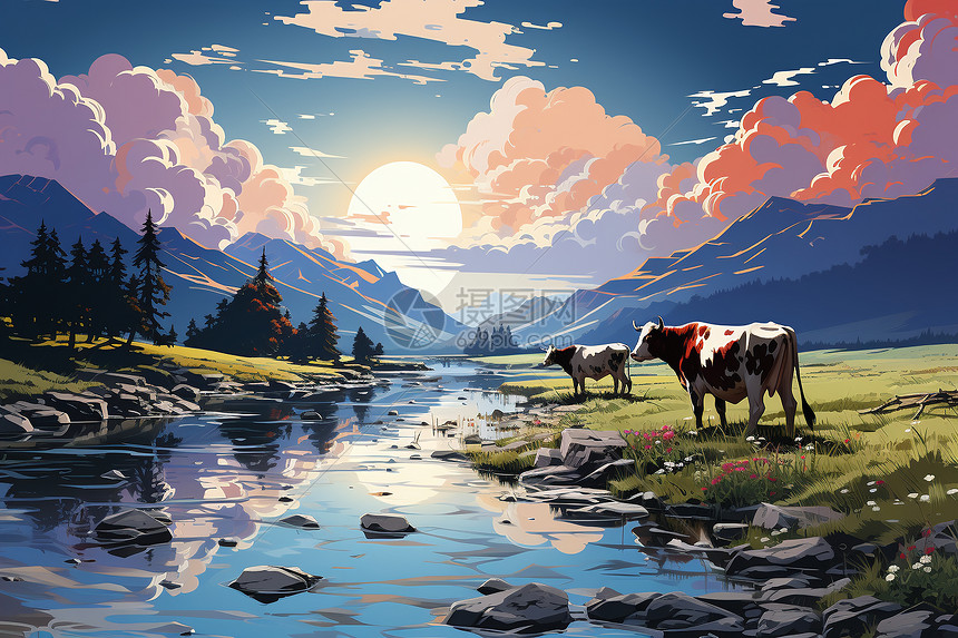夕阳下的牛群图片