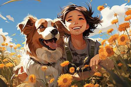 花丛中的孩子和狗背景图片
