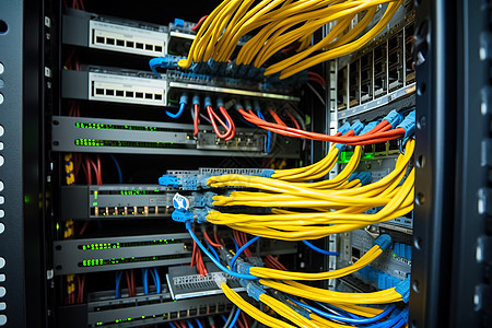 多根黄蓝线连接的服务器图片