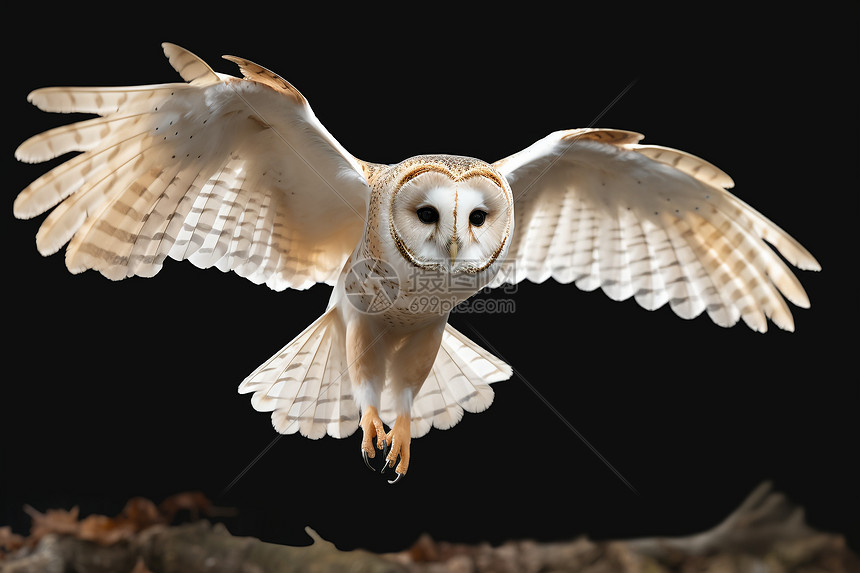 夜晚白色猫头鹰伸展翅膀飞翔图片