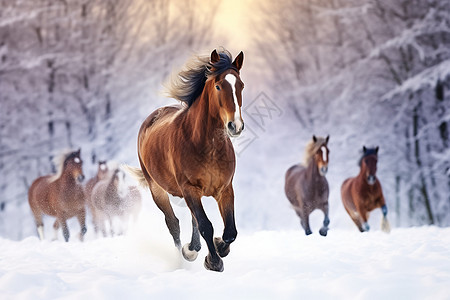 雪中奔跑的马匹图片