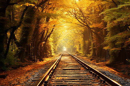 秋季森林公园中的铁路轨道图片