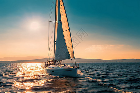 日出时海上追逐自由的帆船图片