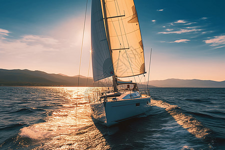 日落时海洋上出海的帆船图片