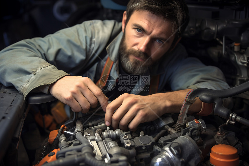 用扳手修理汽车发动机的工人图片