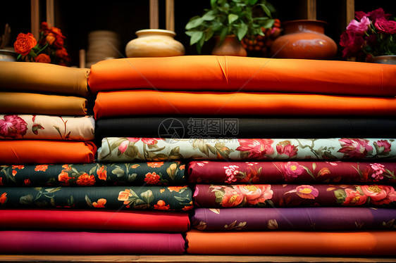 堆叠的彩色纺织布料图片