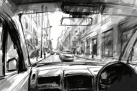 街道中的汽车素描画图片