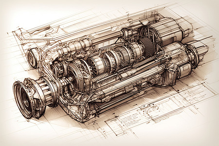 汽车素描绘画的汽车发动机插画
