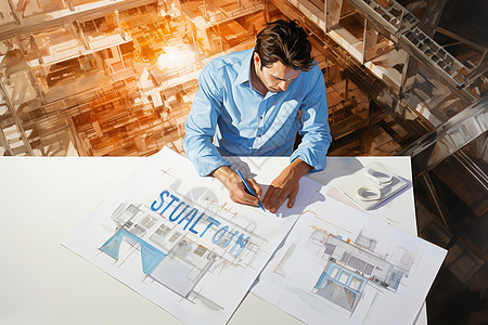 办公室中的男人和建筑视图背景图片