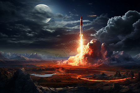 月色中的火箭降落过程图片