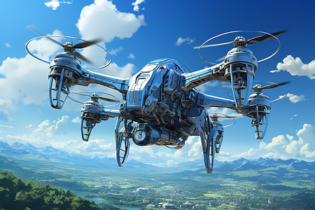 云中山脉蓝天白云中飞行的蜜蜂式无人机设计图片