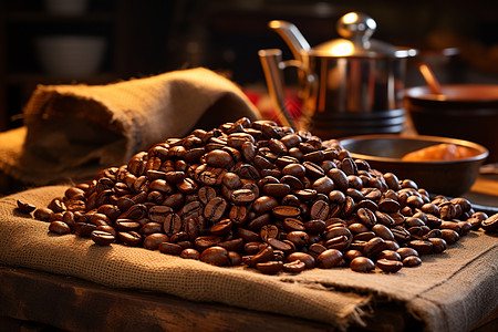 木桌布袋上的咖啡豆高清图片