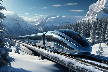 高速列车穿行于雪山峡谷碧空下一片银装素裹图片