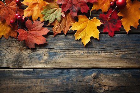 木质桌面上的落叶图片