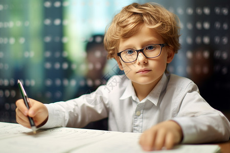戴眼镜学习的小男孩背景图片