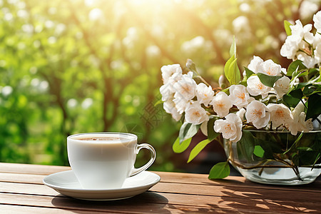 阳光下的花与咖啡图片
