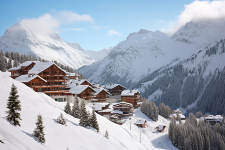 雪山旁的木屋图片