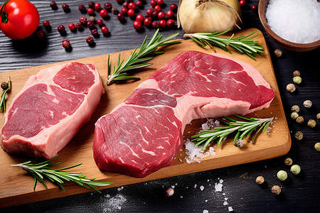 两块生牛肉放在切菜板上图片