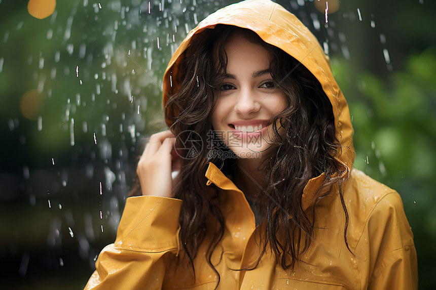 身穿黄色雨衣的女士图片