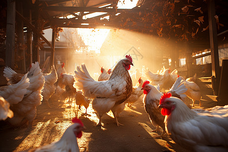 阳光下鸡群在谷仓周围悠闲图片