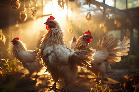 阳光下鸡群在谷仓周围悠闲觅食图片