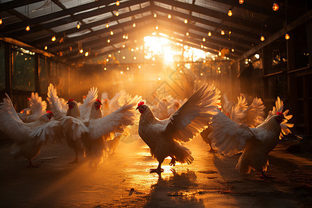 阳光下鸡群在谷仓周围悠闲觅食背景图片