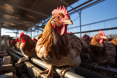 养殖场里的母鸡站在栏杆上图片
