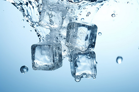 冰块融入水中水面上冒出泡泡冰块呈现三维渲染艺术概念图片