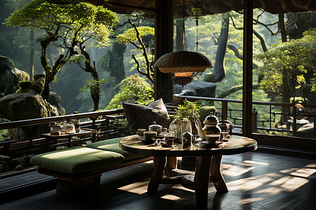 静谧的竹林中的茶馆图片