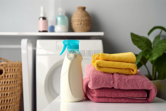 浴室的毛巾和清洁剂图片