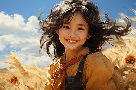 稻田里面开心的女孩油画图片