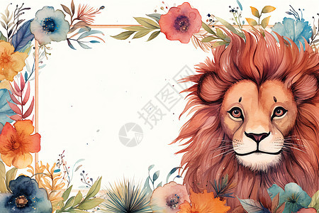 凶猛的狮子和花朵绘画图片