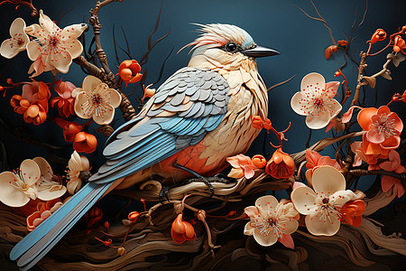 树枝上美观的花鸟绘画背景图片